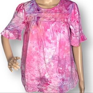 Tie dye peasant blouse S festival top pink purple galaxy